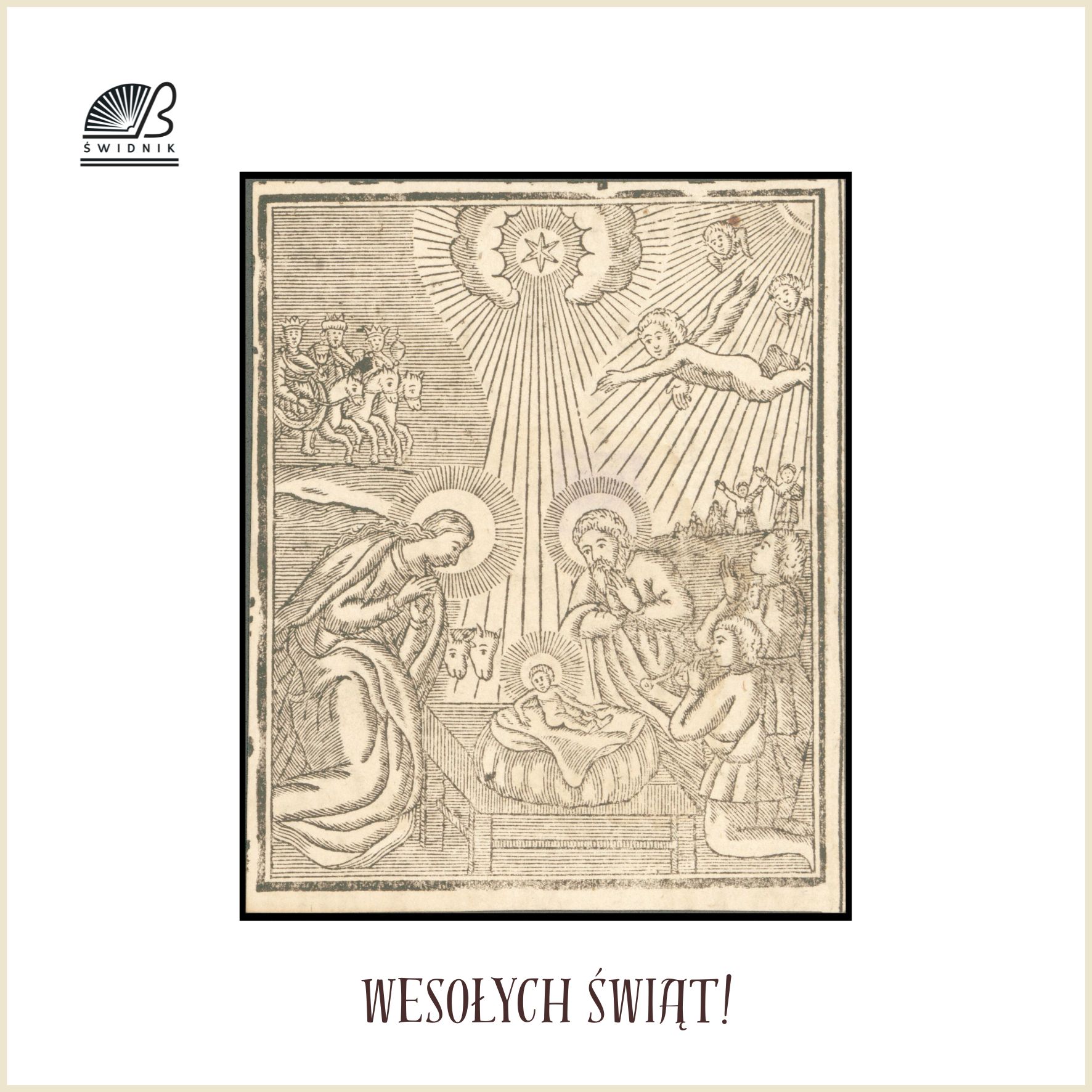 Kartka świąteczna biblioteki w Świdniku z grafiką Narodzenia Pańskiego w stylu dawnego drzeworytu i napisem Wesołych Świąt