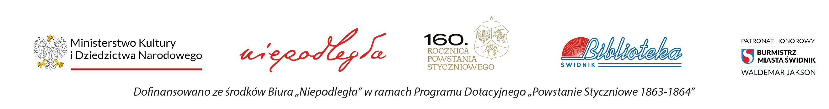 belka z logami ministerstwa kultury, Niepodległej, 160.rocznicy Powstania Styczniowego i logo burmistrza Świdnika
