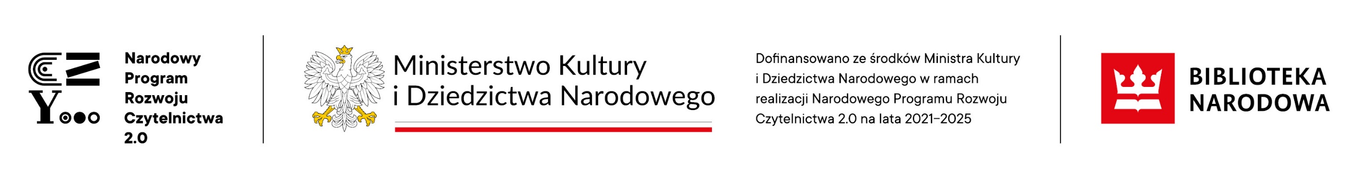 na grafice logo Biblioteki Narodowej, logotyp Narodowego Programu Rozwoju Czytelnictwa 2.0. na lata 2021-2025 oraz napis „Dofinansowania dla bibliotek publicznych na zakup nowości wydawniczych oraz usługi zdalnego dostępu do książek w formatach e-booków i/lub audiobooków i/lub synchrobooków - Priorytet 1, Kierunek interwencji 1.1. w ramach NPRCz 2.0”. 