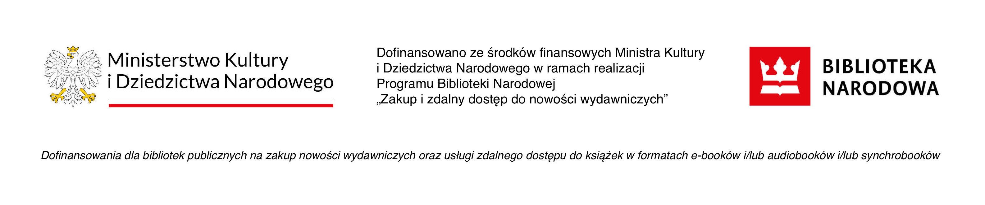 na grafice logo Biblioteki Narodowej, logotyp Ministerstwa Kultury i Dziedzictwa Narodowego z napisem „Dofinansowania dla bibliotek publicznych na zakup nowości wydawniczych oraz usługi zdalnego dostępu do książek w formatach e-booków i/lub audiobooków i/lub synchrobooków”. /></p>
<hr>
</div>
<div class=